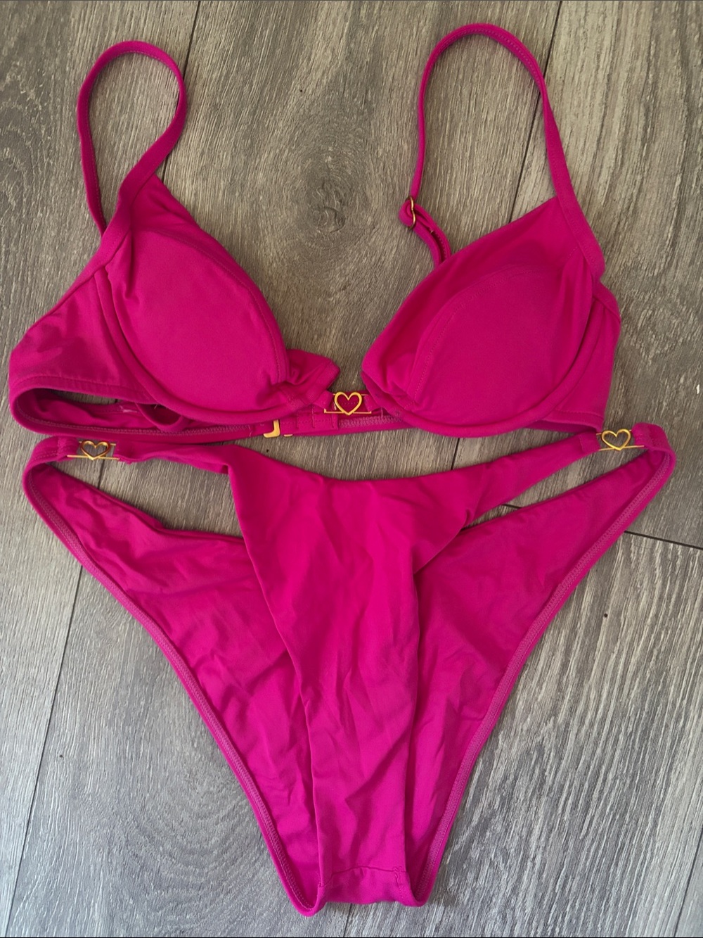 l*space Hot Pink Triangle Bikini with Gold Heart Accents